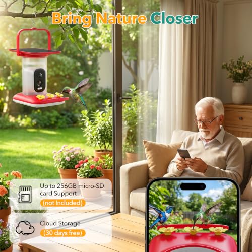 Smart Hummingbird Feeder with Camera, All-in-One Integrated Solar Roof – No Wires, 2.5K HD Color Night Vision, AI Identified Solar Hummingbird Feeder, Leakproof Design Hummingbird Feeders for Outdoors