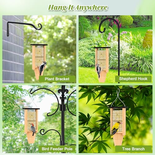 Gbekery Wooden Suet Bird Feeder for Outside Hanging, Large Woodpecker Suet Feeder with Tail Prop, Double Suet Cakes Hanging Bird Feeder for Wild Birds, 1 Pack, Black - color: Black Double Capacity