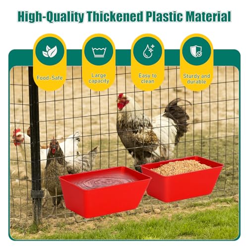 2 Pack Chicken Feeder Waterer 2.5 Quart Hanging Poultry Feeders Trough | Versatile Chicken Feeding Container with Hooks for Duck Goose Rabbit Duck Feeder Poultry and Livestock Water Trough（Red） - color: Red