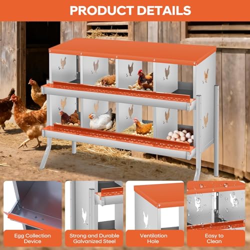 Garvee Chicken Nesting Box, 8 Compartments Nesting Box for Chickens, Galvanized Steel Chicken Laying Box for Easy Egg Collection, Wall Mounting - color: Orange | 8 Compartments+legs