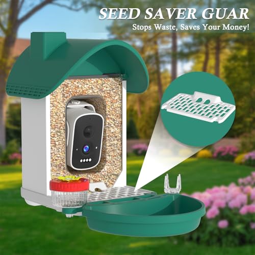 Bird Feeder with Camera, 3K Smart Bird Camera with AI Identification & Bird Bath, Solar Powered Wireless Outdoor Bird House with Spill-Proof Net, Ideal Backyard Bird Watching Gift to Bird Lovers - color: Dark Green