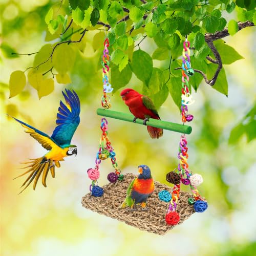 Bird Swing Mat with Wood Perch, AHIER Seagrass Bird Hammock for Conures with Chewing Toy for Parakeets, Budgie, Cockatiel Cage Accessories (Green Pole) - color: Green Pole