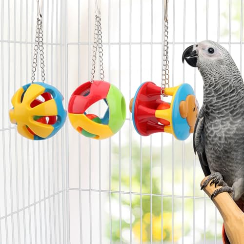 Hypeety Parrot Colorful Ball Toys with Bell Cage Hanging Chewing Ball Toy | With jingle bell inside, durable, chewproof plastic, easy-hanging, for parakeet/conure/cockatiel/small medium birds, 3 balls - color: A+B+C