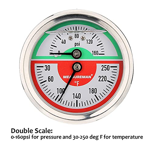 MEASUREMAN Tridicator, Thermo-Manometer, 2-1/2", Silicone Oil Filled, 0-160psi/30-250 deg F, Stainless Steel Case, 1/4" NPT Back Mount - size: Back Mount-Liquid Filled
