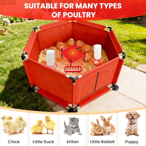 Brooder Box for Chicks, 8-in-1 Chick Heat Plate Starter Kit, Baby Chicken Brooder Pen with Feeder, Waterer, Perch & Bedding, Indoor Poultry Setup (Red)