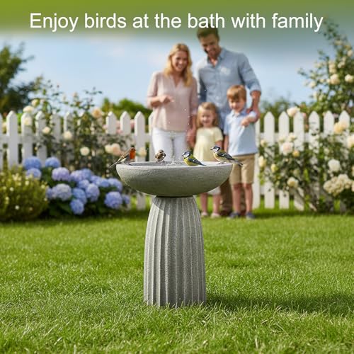 SKYFIRE 24.4" Pedestal Bird Bath for Outdoor, Geometric Fluted Concrete Birdbath with Tree Trunk Decor, Durable Fibre Reinforced Birdbath for Garden, Patio, Lawn & Backyard - color: Concrete Gray