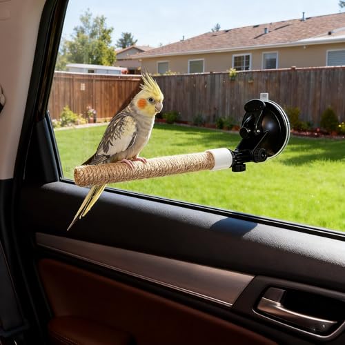 Natural Flax Bird Perch Stand with Strong Suction Cups | Movable Parrot Training Perch for Window/Mirror/Car/Tiles | Universal for Budgie, Cockatiel, Conure (Basic Parrot Perch) - color: Basic Parrot Perch