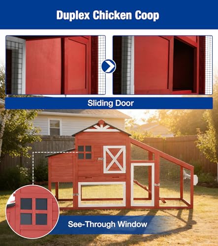 Mobile Chicken Coop with Run Outdoor Hen House with Slide-Out Tray Waterproof Roof Large Nesting Box 2 Perches Non-Slip Ramp Red - color: 73.4“L Red & White