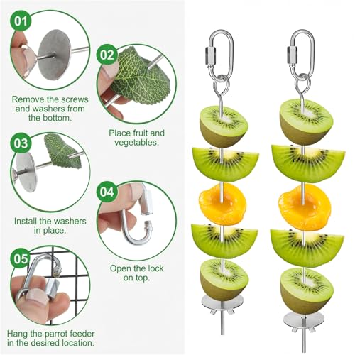 2 Pcs Birds Cage Food Holder with Hook, Budgie Cage Accessories Bird Fruit Feeder Vegetable Stainless Steel Birds Feeder Hanging Foraging Toy for Cages Macaw Parakeet Parrot (2 Sizes 11 and 9.1 inch)