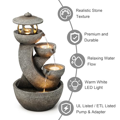 Glitzhome Pagoda Outdoor Water Fountain with LED Light, 4-Tier Oversized Cascading Stacked Stone Waterfall Fountains, Natural Stone Look Outdoor Fountain for Garden Patio Porch, 32”H - color: Pagoda