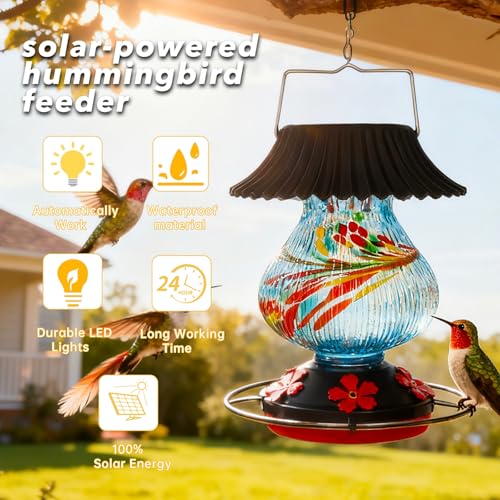 Solar Glass Hummingbird Feeder for Outdoors - 26 fl.oz Hummingbird Feeders | Best Solar Feeders with Ant Moat & Perch, 5 Feeding Ports, Wasp Leak Proof, Hand Blown Glass Color Changing Glowing in Dusk - color: Blue