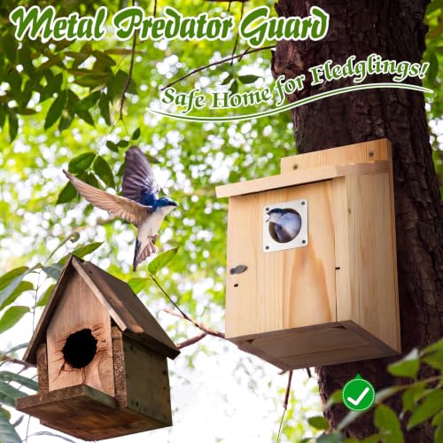 Dreyoo 4 Pack Bluebird Houses for Outside with Metal Predator Guard, 1-1/2" Entrance Hole Wooden Blue Bird Houses for Outdoors, Bluebird Nesting Box(Wood) - color: Wood