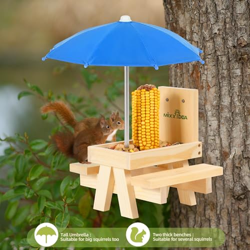 Squirrel Feeder Table with Umbrella, Wooden Squirrel Picnic Table Feeder, Sturdy Squirrel Feeder Corn Cob Holder, with Solid Structure and 2 x Thick Benches(Blue) - color: Blue