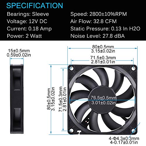 GDSTIME 80mm x 80mm x 15mm 12V Brushless DC Cooling Computer Case Fan 2Pin | Slim PC Fan, for SFX, HTPC, Small Form Factor Power Supply - 80x80x15mm, 8015 - size: 80x80x15mm