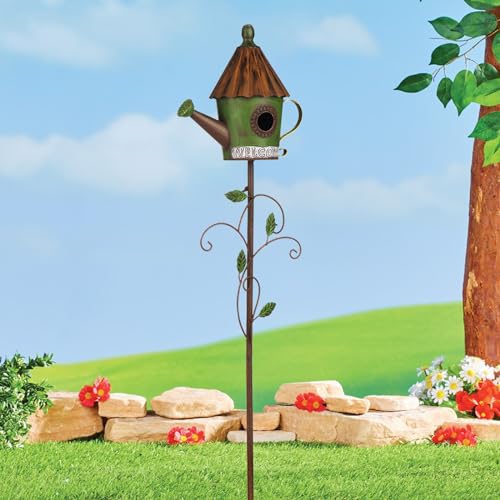 BAYN 57” Metal Bird House Stake for Outside Decorative | Kettle Design, Double-hole, Easy Assembly, Cleaning Door, Sturdy Wild Birdhouse on 5 Pronged Garden Stake Pole - style: Kettles