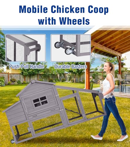 Mobile Chicken Coop with Wheels, Duplex Outdoor Chicken House with Expandable Run, Slide-Out Tray, Weatherproof Roof, Predator-Proof Hen House - Grey - color: 72.3"L Light Grey
