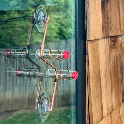 Geometric Window Hummingbird Feeder | Copper and Aluminum | Multiple Stations | Modern Hummingbird Feeder | Handcrafted | Home Décor | Glass Bottles | Suction Cups (Copper)
