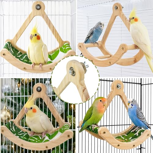 FlidRunest Upgrade Bird Perch Toy with Hammock, Interactive Rocking Parakeet Foraging Toys Green Fabric Mat Hammock, Wooden Exercise Wheel Birds Enrichment Toy Cage Accessories for Budgies Conure