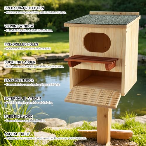 Large Wood Duck House – Weatherproof Roof, Duck Perch Platform | Duck nesting box for yards, ponds, wetlands. Predator-proof entrance, duckling ladder, easy-clean. Fits trees, posts, walls.