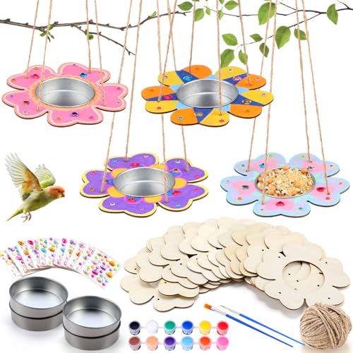 CroBlissful 12 Pack Bird Feeder Craft Kits for Kids DIY Your Own Bird Feeders with Paint and Paintbrushes Wooden Arts and Crafts for Kid Ornaments to Paint Feeders Craft for Garden (Petal Shaped) - style: Petal Shaped