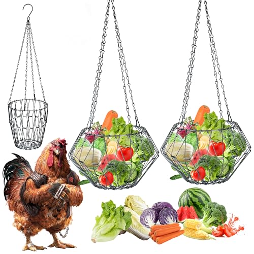 Hanging Chicken Feeder, 9.25IN Large Foldable Poultry Feeder Vegetable Fruits Basket with 4pcs Hanging Stainless Chain, Chicken Treat Holder Ball Boredom Toys for Chicken Hens Duck Coop, Black, 2 Pack - size: 2 Pack