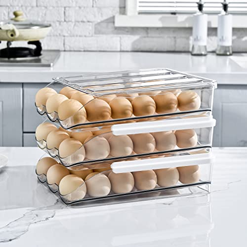 Sooyee 3 Layer Ramp Type Auto Rolling Egg Holder Storage Container for Refrigerator Organizer, Large Egg Container Bin, Clear, Food Grade PET - size: 3 Layer