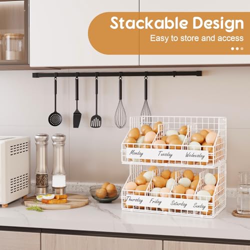 keomaisyto Fresh Egg Holder with 5 Dividers to Separate Eggs for a Week, 2 Tier Stackable Wire Baskets for Gathering Eggs, XXL Egg Rack for Countertop/Wall-Mounted, With DIY Labels, White - color: White, size: 2-Tier X-Large