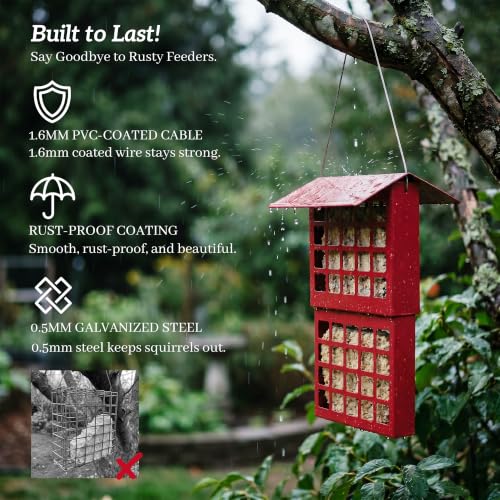 Solution4Patio Suet Bird Feeder for Outdoors, All Metal Bird Feeder for Wild Birds, Heavy Duty Galvanized Steel Hanging Feeder with Slide-Top Roof, Weather Resistant, Holds 2 Suet Cakes (Red) - color: Red