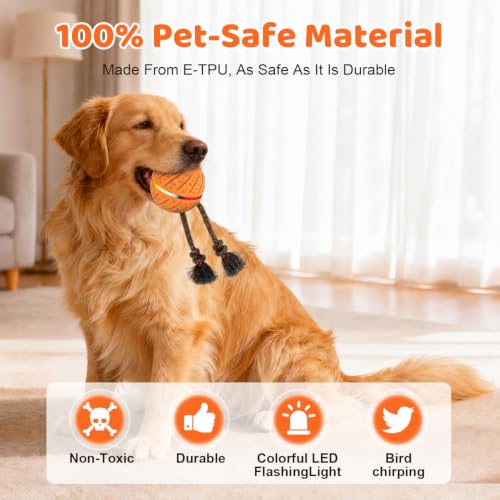 Smart Interactive Dog Toys Ball for Aggressive Chewers Medium Large,E-TPU | Auto-Moving & Bouncing Ball, 2 Modes with RGB Lights & Bird Sounds,Bite-Resistant Rope, IP54 Waterproof, Type-C Fast Charge