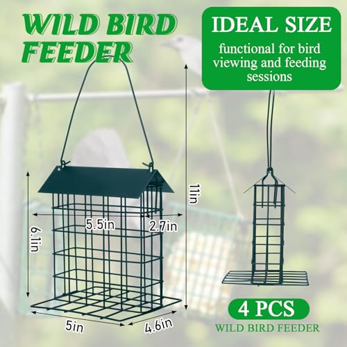Nuogo 4 Pcs Wild Bird Feeder Squirrel Proof Outdoor Hanging Suet Holder with Metal Roof and Platform Outside Cake Suet Feeder Rainproof Cage for Oriole Hummingbird Chickadee Nuthatch(Dark Green)