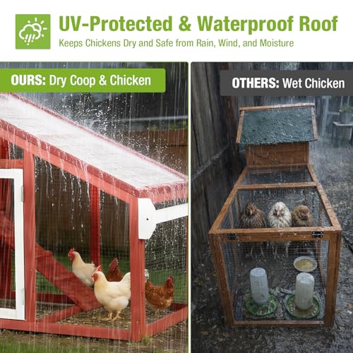 GUTINNEEN Mobile Chicken Coop for 2-4 Chickens with Wheels, Expandable Large Hen House with Run, UV-Protected Roof, Divided Nesting Boxes, Easy One-Person Move, Red - color: Red, size: 65.2"L x 26.4"W x 47.6"H