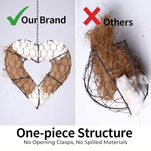 Bird Nesting Material Holder, Heart Shaped Hanging Bird Nesting Material for Wild Birds, Metal Holder with Natural Cotton & Coconut Fiber, Cottagecore Garden Decor for Bluebirds Chickadees Finches - style: Heart Style