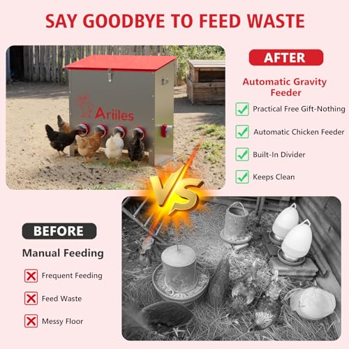 100lb Automatic Chicken Feeder with 6 No-Waste Ports, Metal Poultry Feeder with Elevated Stand & Weatherproof Lid, Large Feed Dispenser for Chickens, Ducks & Backyard Poultry - size: 100 LB