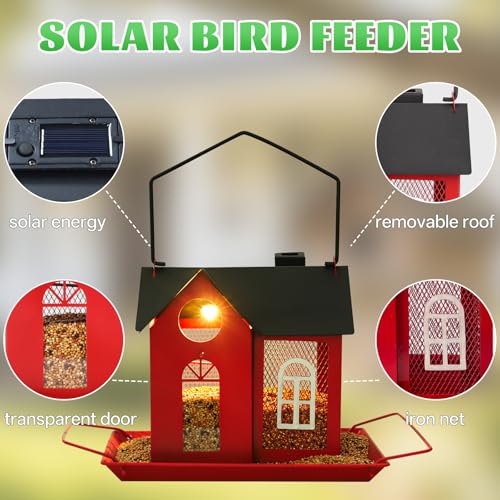 Solar Bird Feeder for Outdoors - Red Metal Hanging Bird Feeder with Solar Light, Decorative for Wild Cardinals, Finches, Weatherproof Backyard Garden Decor Ideal Gift for Women Mom Grandma - color: Red