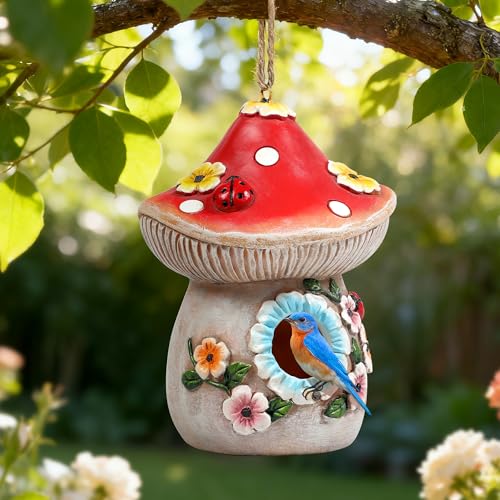 Garden Bird Houses for Outside with Solar Light, Bird Houses for Outside Hanging, Decorative Mushrooms Birdhouse for Bluebird Hummingbird Sparrow, Hummingbird Gifts for Women
