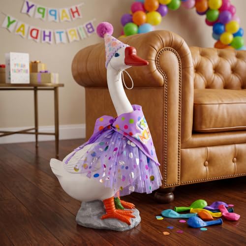 Large Porch Goose Outfits Set Decor - 20" Porch Goose Statue with Birthday Costume Gift for Mom Girl Boy ,Indoor or Outdoor Decorative Figurine for Garden Patio Lawn Entryway Accent,Housewarming Gifts - color: Purple Birthday Set