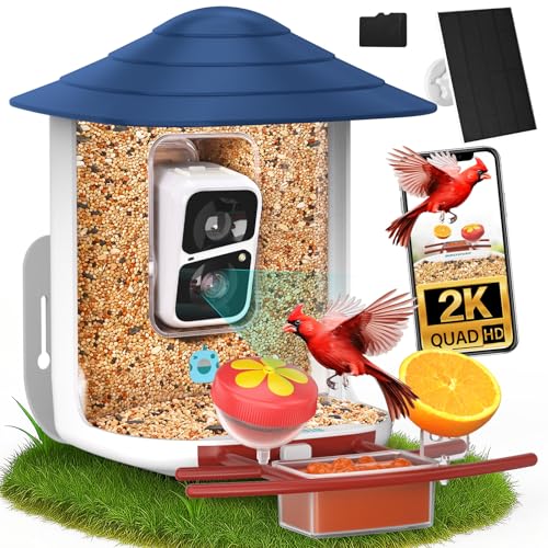 birdsnap® TUC Bird Feeder with Camera Solar Powered 2K Video with 32GB Card | AI Bird Species Identification, Squirrel-Proof, IP65 Waterproof, Outdoor Wireless, 2.4G WiFi, Gift for Mom Dad Bird Lovers - color: Dark Blue