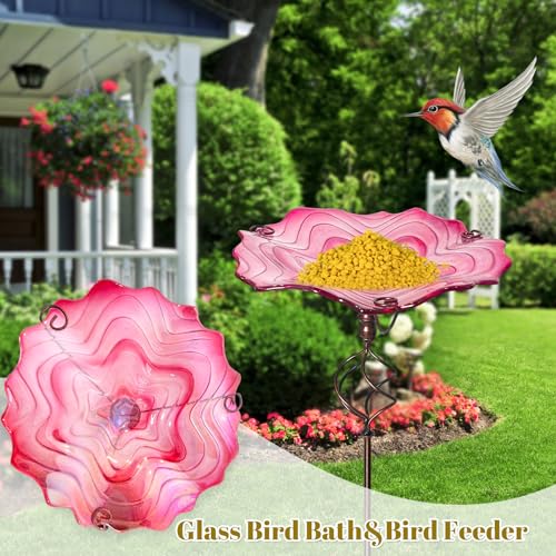 Bird Baths for Outside,12" Small Pink Glass Birdbaths Outdoor,Detachable Bird Feeder with Metal Stake for Garden Yard Patio Decor,32" Height - color: Pink with Stake