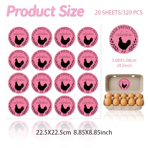 320 Pcs Farm Fresh Eggs Carton Labels, Pink Round Egg Handling Stickers Fresh Laid on Stickers PET Adhesive Egg Packaging Sticker for Box Container Carton Farm Supplies - color: Fresh Eggs Collected on