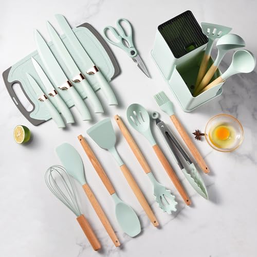 Cooking Utensils Set - 19 Piece Set with 11 Spatulas, 6 Sharp Knives, Silicone Utensils & Cutting Board (Green) - color: Light Green 19 PCS Set
