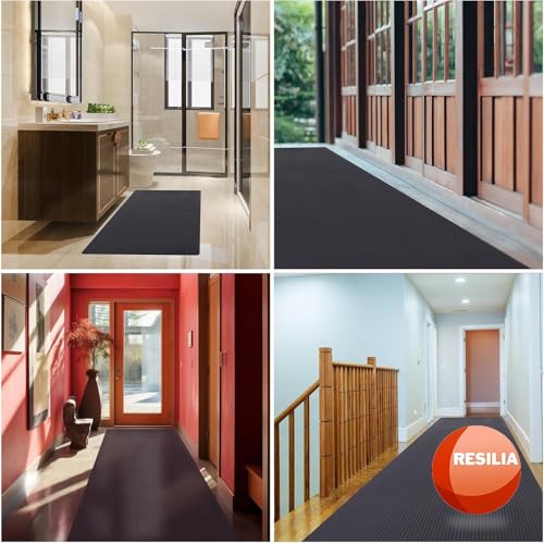 RESILIA Black Plastic Floor Runner - Embossed Wide Rib Waterproof Vinyl, Heavy Duty Protector Mat for Indoor Hardwood, Hard Floors, Garage, Entryway, Kitchen, & Outdoor Use, 15" x 48", Made in USA - size: 15" x 48"