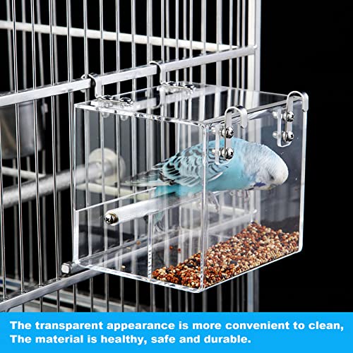 No Mess Bird Feeder for Cage - Automatic Bird Feeder Transparent Food Container Acrylic No Spill Cage Seed Catcher with Stainless Steel Hooks for Parrot Parakeet Cockatiels Lovebirds - size: Small-5.1 Inch x 5.1 Inch