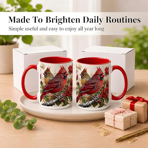Botanical Cardinal Coffee Mug, Bird Lover Mug, Spring Garden Nature Gift for Home Office, Red Bird Pair with Floral Branch Artwork, Ceramic Red Accent Handle Cup 15 Oz Drinkware (Cardinal 15Oz) - color: Cardinal 15Oz