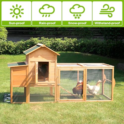 Chicken Coops for 1-2 Chickens with Wheels, Outdoor Wooden Hen House with Nesting Box, Large Rabbit Hutch, Outside Poultry House, Wire Fence Run Cages, Weatherproof for Backyard(Wooden) - size: 80.3"L x 24.2"W x 39.0"H
