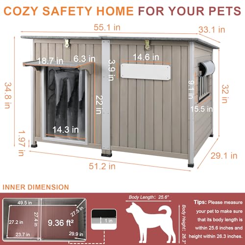 Outdoor Dog House Weatherproof, Wooden Puppy Shelter with Anti-Chewing Iron Frame and Elevated Floor, Sturdy Dog Kennel for Small, Medium & Large Dogs (Gray, 51" L x 29" W x 32" H) - size: 51" L x 29" W x 32" H