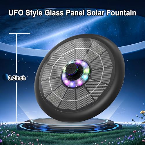 Solar Fountain UFO Style, 2026 Upgrade 5W Glass Solar Panel Bird Bath Fountain with LED Lights, 4000mAh Backup Battery, 7 Nozzles for for Garden, Pond, Pool, Patio Outdoor Water Feature - color: Black