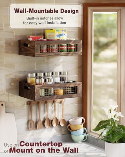 Wooden Countertop Baskets Set of 2 for Kitchen, Pantry|Wall Mount Upgrade with Full Accessories| Rustic Nesting Boxes|Wooden Organizer Crates for Vegetables, Produce, Bread - color: Walnut