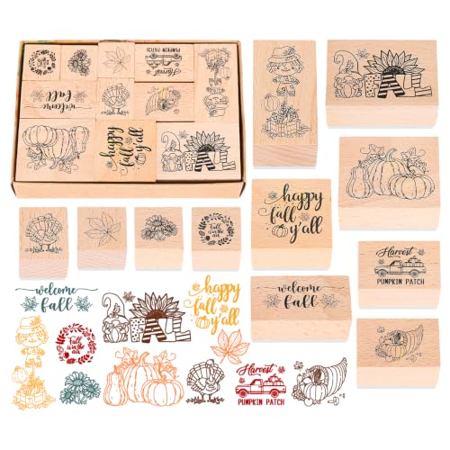 JarThenaAMCS 16Pcs Fall Wooden Rubber Stamps Set 11 Pcs Autumn DIY Craft Cards Stamps Pads with 5 Mixed Ink Pads for Fall Thanksgiving Party Gift Decor Classroom Scrapbooking Cards Making Supplies - style: Fall