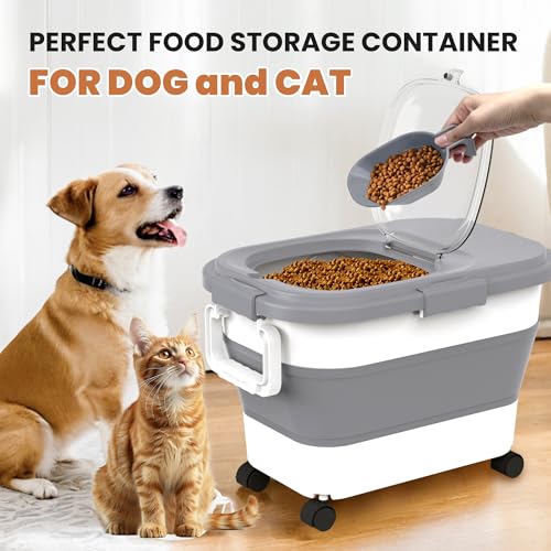15-23Lbs Airtight Dog Food Storage Container,Collapsible Dog Food Container | Cat Food Container with Double Airtight Seal & Magnetic Lid,Large Pet Food Storage Container Wheels & Handle for Easy Moving - color: Grey/23 LBS
