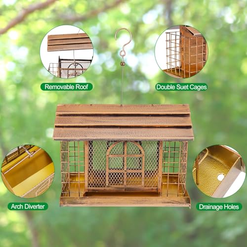 Bird Feeder for Outdoors, Metal Bird Feeder Hanging, 3.8LB Large Capacity with Double Suet Cages, Rainproof Roof, Attracts Cardinals, Finches, Blue Jays, for Backyard & Garden